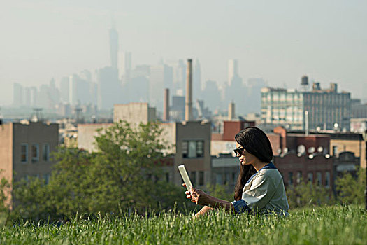 中年,女人,日落,公园,曼哈顿,天际线
