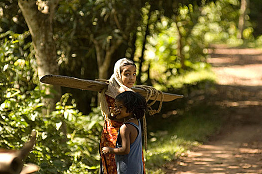 乡村,女孩,走,道路,孟加拉,八月,2007年