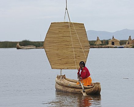 女人,划船,传统,船,湖,提提卡卡湖,普诺,秘鲁