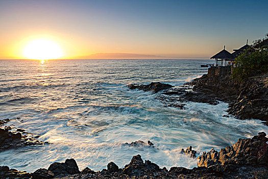 日落,海浪,岩石海岸,阿德赫海岸,特内里费岛,加纳利群岛,西班牙,欧洲