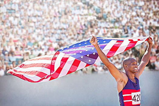 田径运动员,拿着,美国国旗,体育场