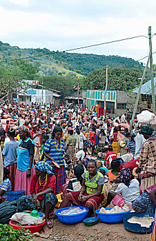 孔索,埃塞俄比亚,部族,乡村,奥莫低谷,大,拥挤,市场,本地人,道路,销售