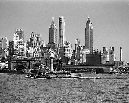 美国,纽约,下曼哈顿,天际线,拖船,前景