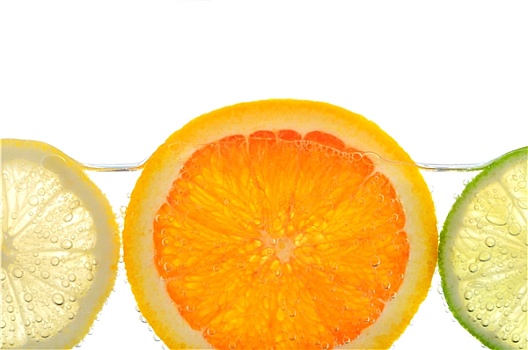 橙色,柠檬,酸橙片,水中