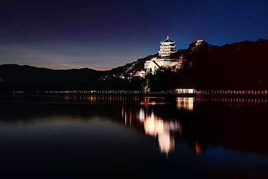 北京颐和园昆明湖万寿山佛香阁夜景