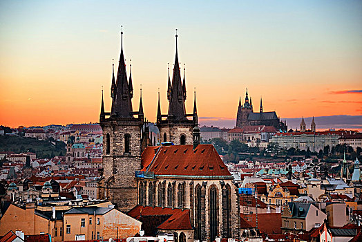 圣母大教堂,布拉格,天际线,屋顶,风景,日落,捷克共和国