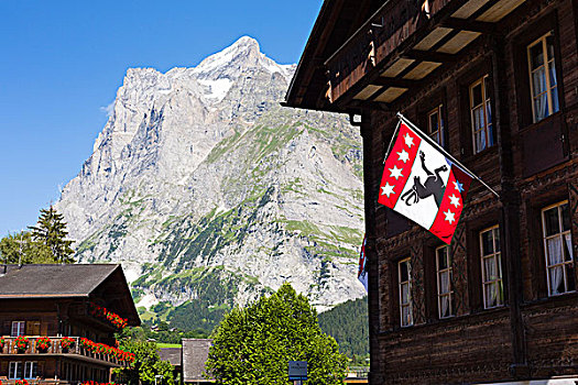 旗帜,伯恩高地,房子,正面,贝塔峰,山,少女峰,伯恩,瑞士