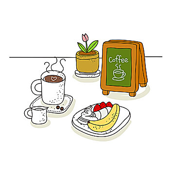 插画,水果,盘子,咖啡杯