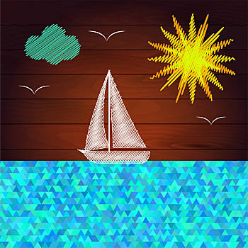 帆船,海上,太阳,海中,海鸥,夏天,绘画