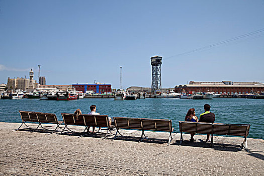 长椅,港口,岸边,贝尔港,巴塞罗那,加泰罗尼亚,西班牙,欧洲