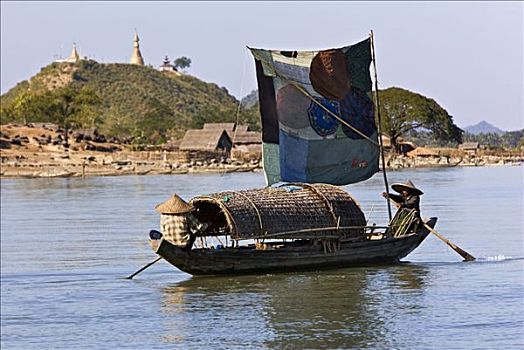 缅甸,河,传统,帆船