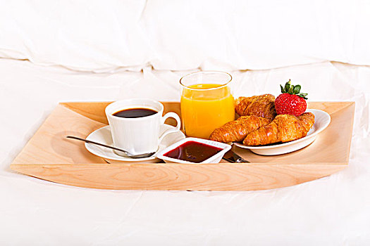 床上早餐,咖啡,牛角面包,果汁