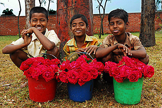 三个孩子,销售,花,区域,生计,达卡,孟加拉,2007年