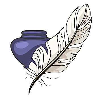 旧式,羽毛,蓝色,白色,鹅毛笔,使用,笔,书写,绘画,书法,隔绝,白色背景