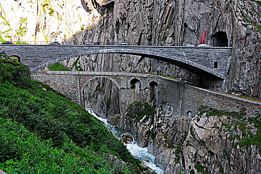 历史,桥,穿过,峡谷,河,正面,现代,瑞士,欧洲