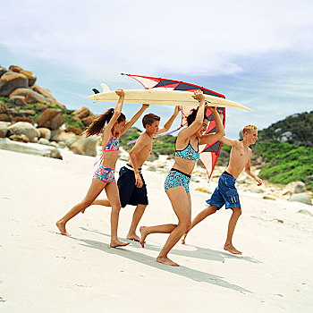 青少年,孩子,泳衣,拿着,冲浪板,风筝