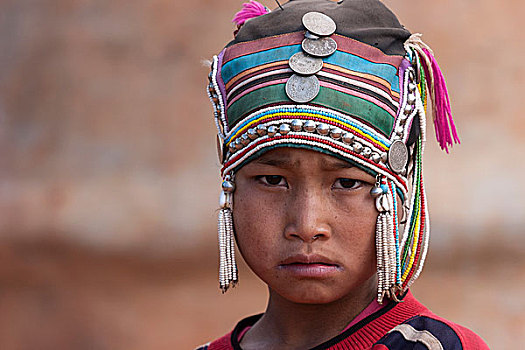 女孩,阿卡族,种族,传统头饰,头像,靠近,钳,缅甸,亚洲