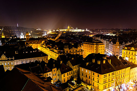 历史,中心,风景,老市政厅,夜晚,拉德肯尼,布拉格城堡,大教堂,背影,布拉格,波希米亚,捷克共和国,欧洲