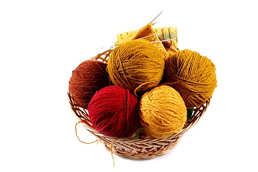 彩色,毛织品,球,柳条篮