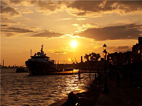 日落,港口,威尼斯,意大利