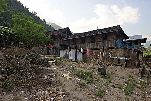 传统,房子,乡村,太阳,河,尼泊尔