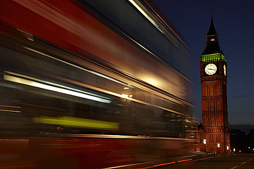 英格兰,伦敦,威斯敏斯特,红色,双层巴士,大本钟,夜晚