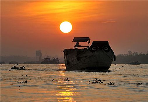 运输,船,日落,湄公河,湄公河三角洲,越南,亚洲