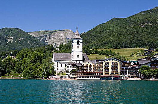 山,酒店,朝圣教堂,湖,沃尔夫冈,萨尔茨卡莫古特,上奥地利州,奥地利,欧洲