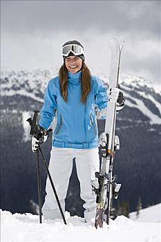 女人,拿着,滑雪装备,山,不列颠哥伦比亚省,加拿大