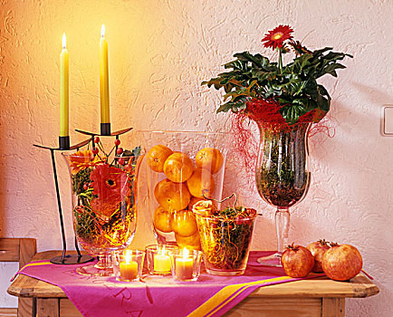 蜡烛,茶烛,旁侧,水果,盆栽非洲菊
