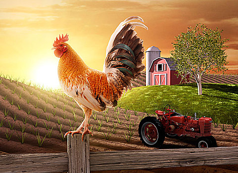 公鸡,栖息,农场,栅栏柱,太阳,后面