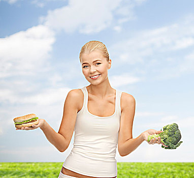 健身,节食,概念,运动,女人,花椰菜,汉堡包