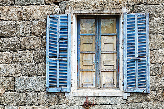 老,窗户,蓝色,打开,百叶窗,乡村,古老,灰色,石墙,背景,纹理