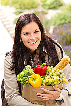 微笑,女人,购物,蔬菜,食品杂货,纸袋