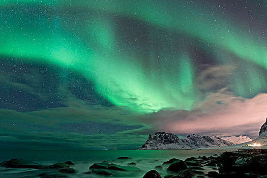 挪威,罗弗敦群岛,海岸,极地,亮光,北极光