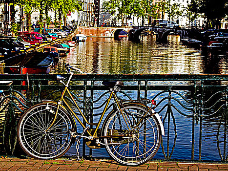 自行车,系,运河,桥,栏杆,阿姆斯特丹,荷兰