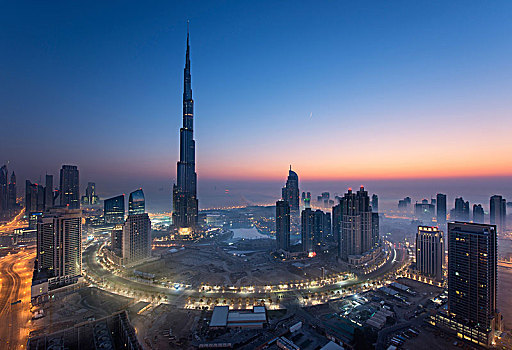 城市,迪拜,阿联酋,黄昏,哈利法,摩天大楼,光亮,建筑,前景