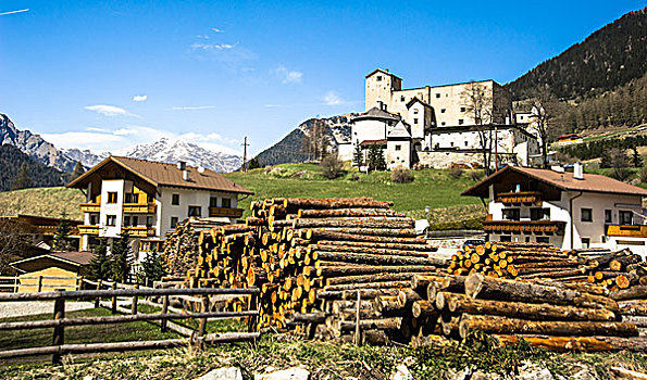 小,木材业,山,意大利北部,城堡,背景