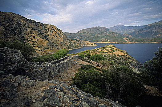 全景,岛屿,遗址,古老,墙壁,地中海,青绿色,海岸,土耳其