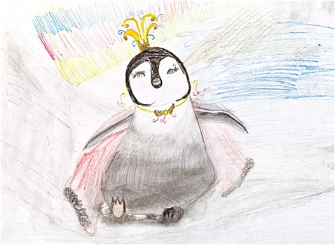 孩子,绘画,企鹅,皇冠