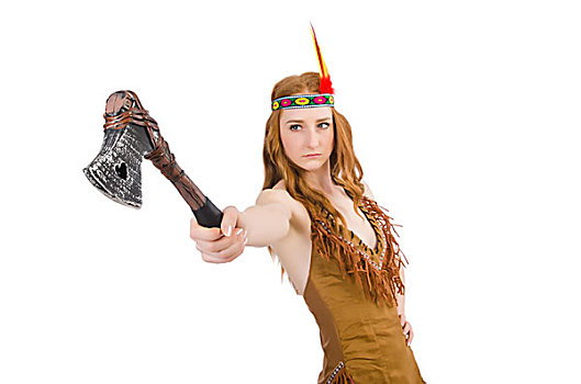 印第安女人,斧子,白色背景