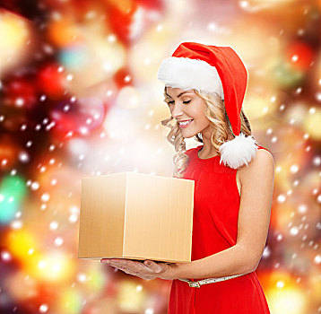 圣诞节,圣诞,新年,冬天,高兴,概念,微笑,女人,圣诞老人,帽子,魔幻,礼盒