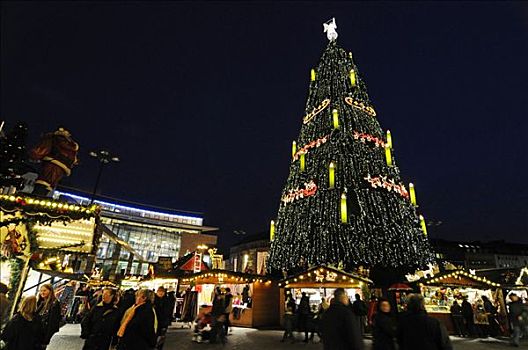 市场货摊,圣诞树,圣诞市场,多特蒙德,北莱茵威斯特伐利亚,德国,欧洲