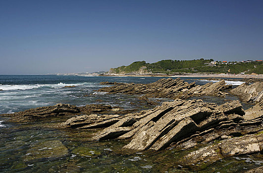 岩石构造,岩石海岸,大西洋海岸,靠近,巴斯克,阿基坦,区域,比利牛斯-大西洋省,法国,欧洲