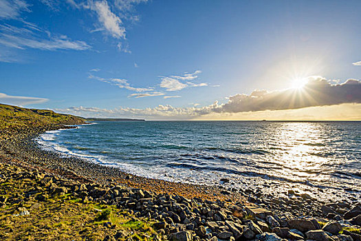 岩石,沿岸,海滩,太阳,发光,上方,海洋,斯凯岛,苏格兰,英国