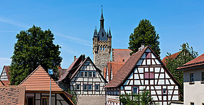 历史,城镇中心,蓝色,塔,后面,巴登符腾堡,德国,欧洲