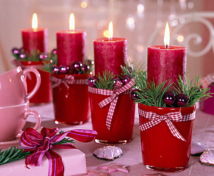 降临节花环,松属,红色,蜡烛,圣诞树装饰,丝带