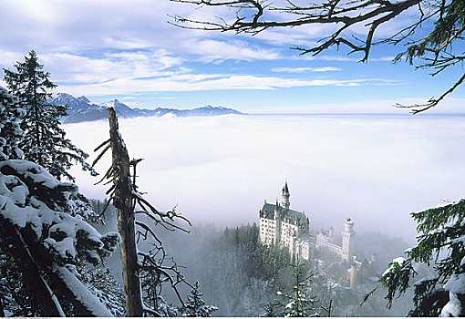新天鹅堡,雾,巴伐利亚,德国