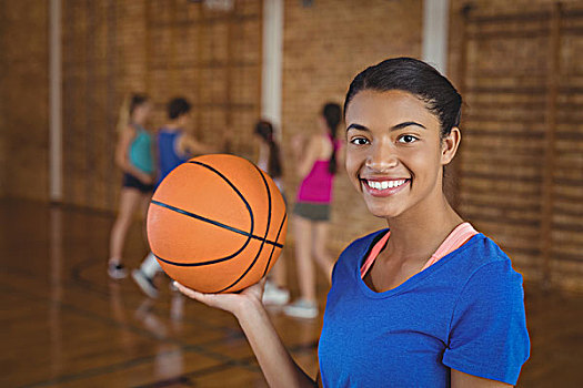 微笑,高中女生,拿着,篮球,团队,玩,背景,头像