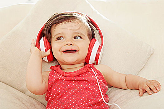 女婴,沙发,听,红色,耳机